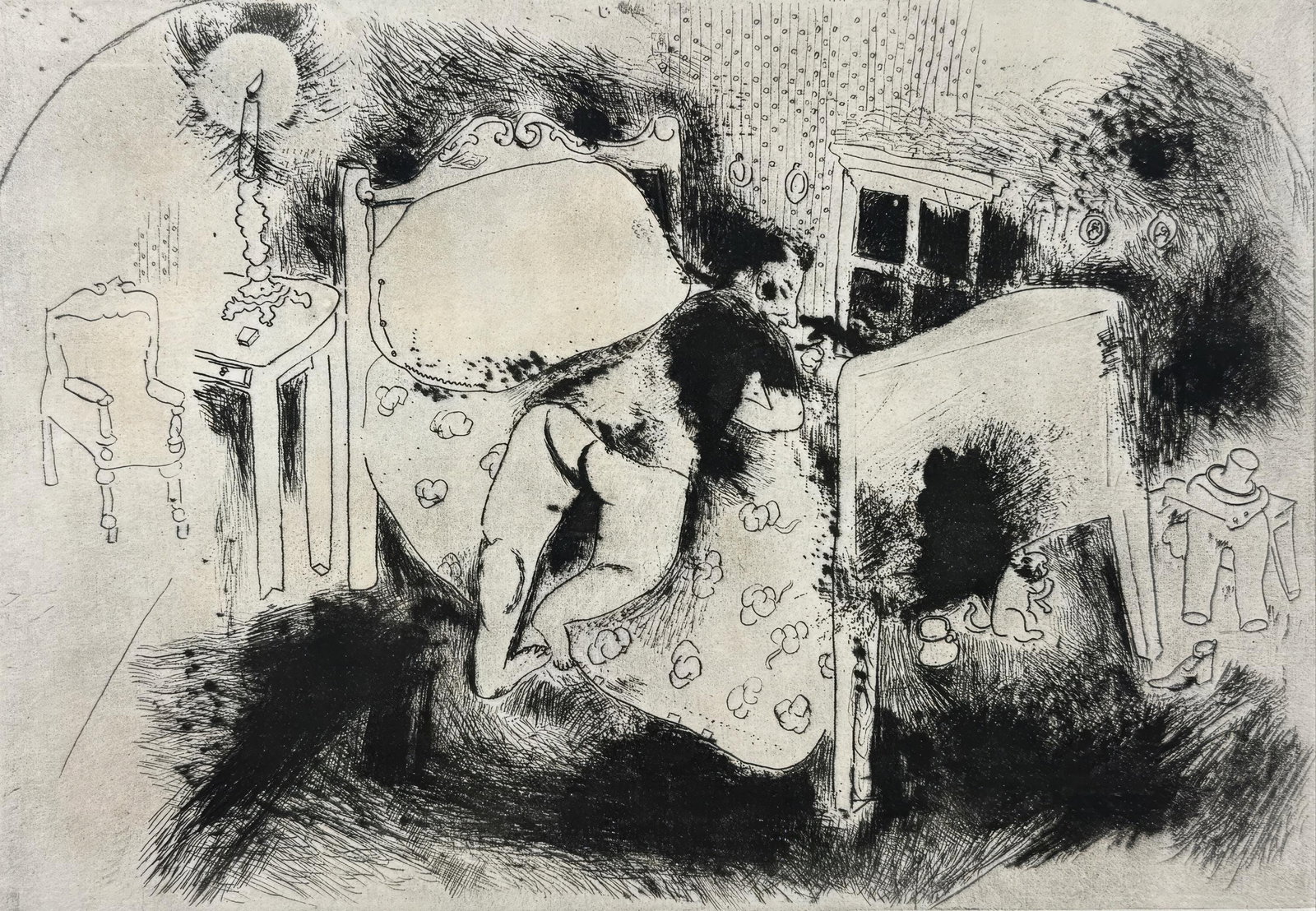 Marc Chagall, Tchitchikov on the Bed, from Dead Souls, Limited Edition Etching, 1923-1927: This exquisite etching by Marc Chagall (1887-1985), titled Tchitchikov sur le lit (Tchitchikov on the Bed), originates from the celebrated folio Nicolas Gogol, Les Ames mortes, Eaux-fortes originales