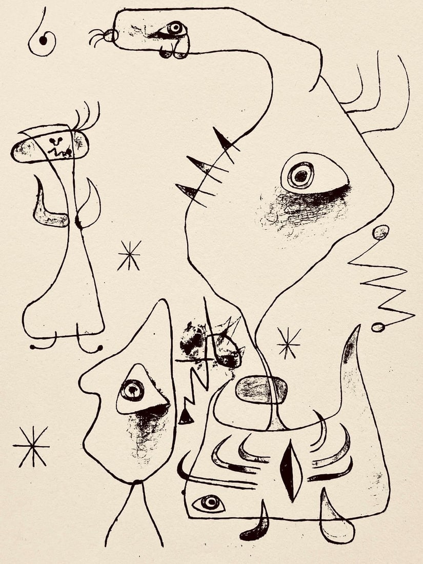 Joan Miro, Composition, The Prints of Joan Miro, Limited Edition Etching: Etching on velin paper. Inscription: Unsigned and unnumbered, as issued. Paper Size: 11 x 8.5 inches. Excellent condition. Notes: From the folio, The Prints of Joan Miro, Fall, 1947. Published by Curt