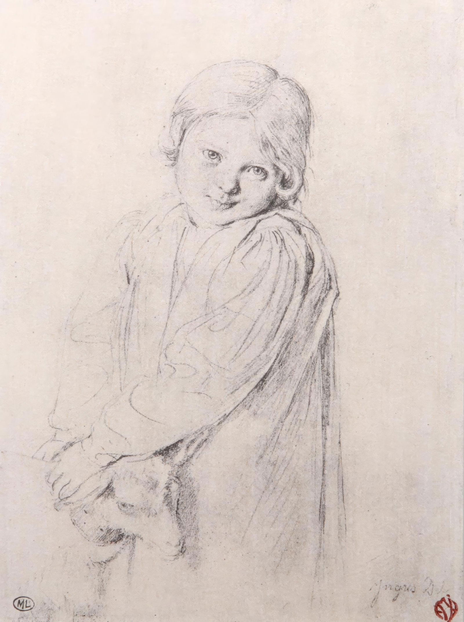 Jean Auguste Dominique Ingres, Child with goat, Limited Edition Lithograph and Pochoir, 1968: This exquisite lithograph and pochoir by Jean Auguste Dominique Ingres (1780-1867), titled L enfant a la chevre (Child with a goat), originates from the 1968 folio Visages d Enfants. Quinze Dessins de