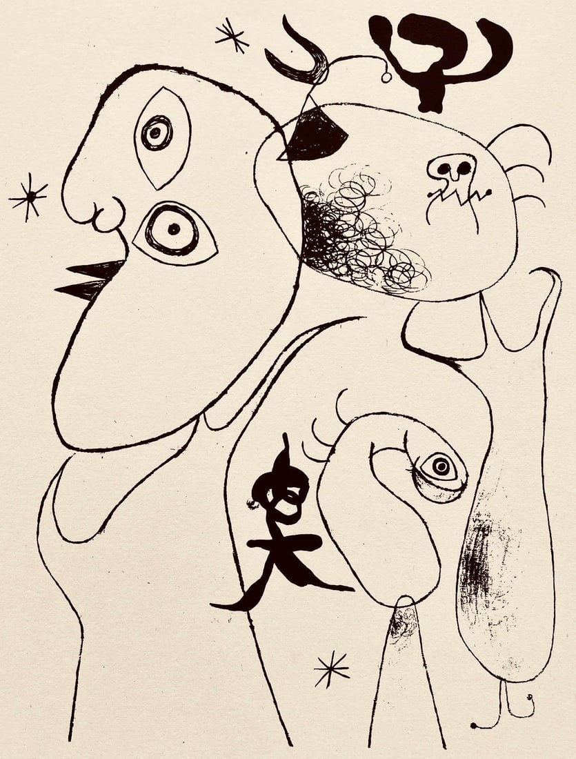 Joan Miro, Composition, The Prints of Joan Miro, Limited Edition Etching: Etching on velin paper. Inscription: Unsigned and unnumbered, as issued. Paper Size: 11 x 8.5 inches. Excellent condition. Notes: From the folio, The Prints of Joan Miro, Fall, 1947. Published by Curt