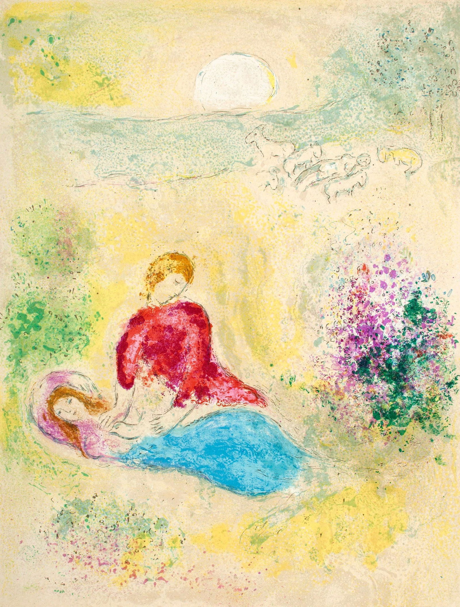 Marc Chagall, L'arondelle, Daphnis et Chloe, Limited Edition Heliogravure: Heliogravure on velin paper. Paper Size: 12.5 x 9.5 inches. Inscription: Unsigned and unnumbered, as issued. Condition: Very good/excellent, consistent with age. Notes: From the album, Daphnis and Chl