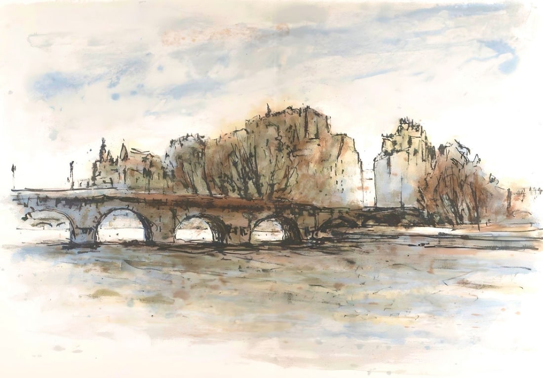 Aime Daniel Steinlen, Le Pont-Neuf, Au Temps de Paris Seine, Limited Edition Lithograph: Lithograph on grand velin des Papeteries de Lana paper. Unsigned and unnumbered. Paper Size: 15 x 22 inches. Excellent condition, with centerfold, as issued. Notes: From the folio, Au Temps de Paris S