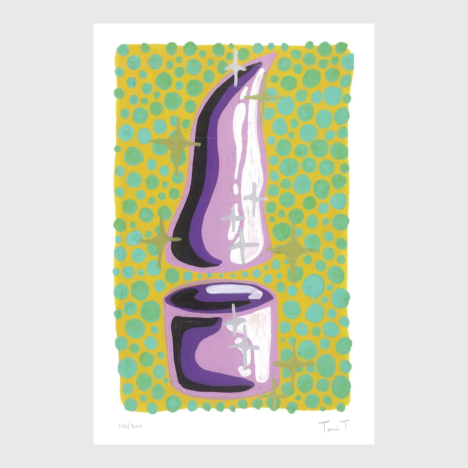 Purple Drop with Green Dots: Artist: Tanvi Thakur (1996) Title: Purple Drop with Green Dots, Drops With Dots Series Year: 2025 Medium: Archival Pigment Print on Paper Edition: 300 Size: 8 x 12 inches Inscription: Signed and numbe