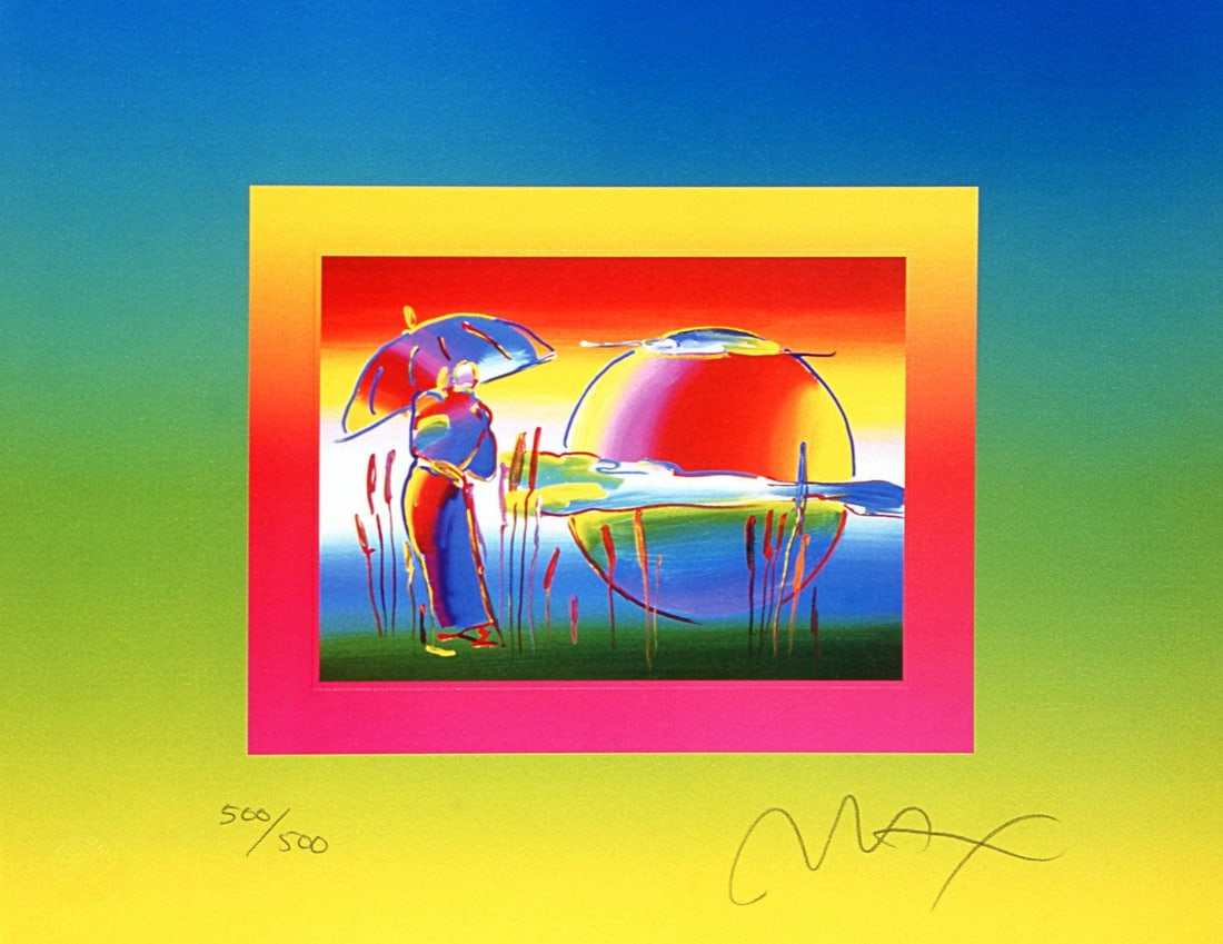 Peter Max, Rainbow Umbrella Man on Blends, Hand Signed, Official Limited Edition Lithograph: Lithograph in colors on fine archival paper. Paper size: 10 x 12.75 inches. Inscription: Hand signed by Peter Max and numbered, as issued. Condition: Excellent. Notes: Published and printed by Via Max