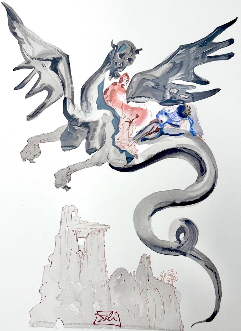 Salvador Dali, Holle XVII (Michler/Lopsinger 1039-1138; Field 189-200), Die Gottliche Komodie,: Woodcut in colors on velin de Rives BFK paper, mounted on velin d'Arches support, as issued. Paper size: 13 x 10.375 inches. Inscription: Signed in the block, and unnumbered, as issued. Catalogue rais