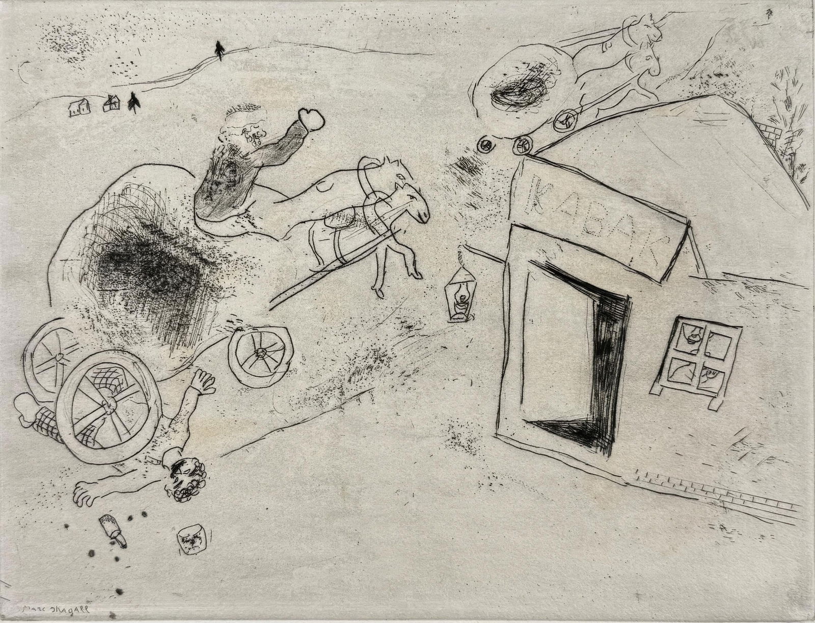 Marc Chagall, Death of Puts-His-Foot-in-It, from Dead Souls, Limited Edition Etching, 1923-1927: This exquisite etching by Marc Chagall (1887-1985), titled Mort de Mets-les-pieds-dans-le-plat (Death of Puts-His-Foot-in-It), originates from the celebrated folio Nicolas Gogol, Les Ames mortes, Eaux