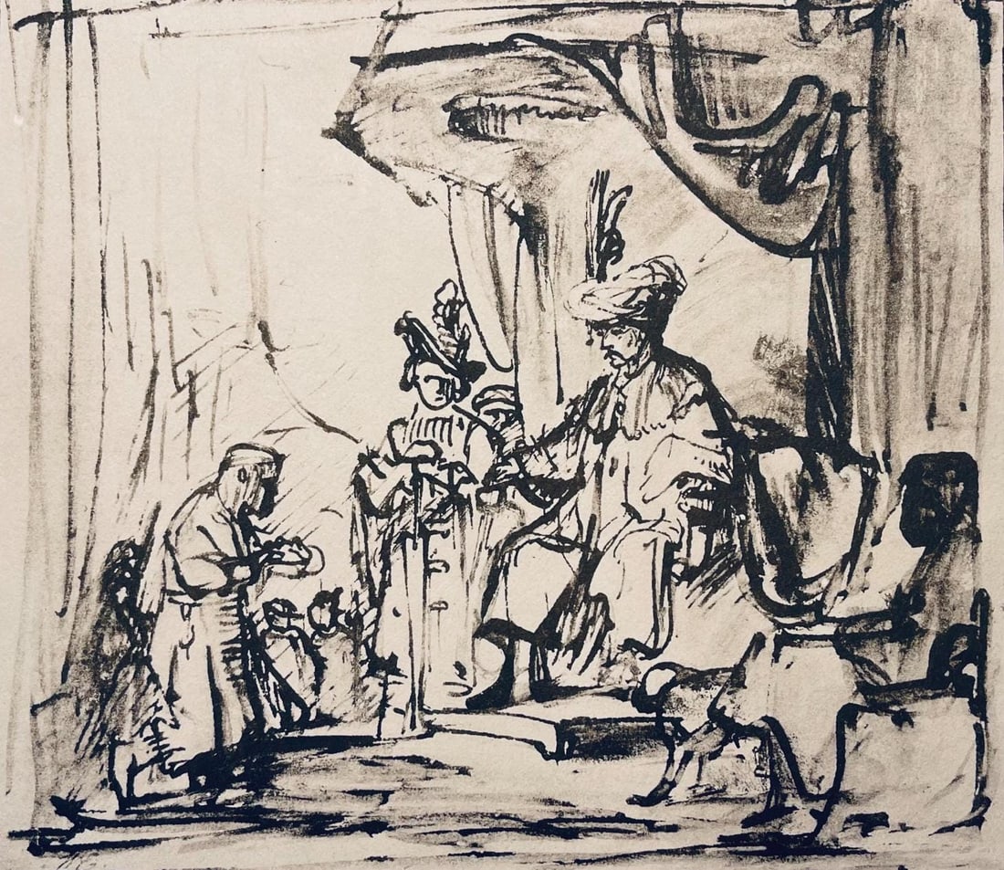Rembrandt van Rijn, Ahasuerus Ordering Haman to Honour Mordecai, Limited Edition Collotype: Collotype on Hamilton Kilmory paper. Unsigned and unnumbered, as issued. Paper Size: 9.5 x 12.5 inches. Excellent condition. Notes: From the folio, Rembrandt, Drawings from the Bible, Thirty-two