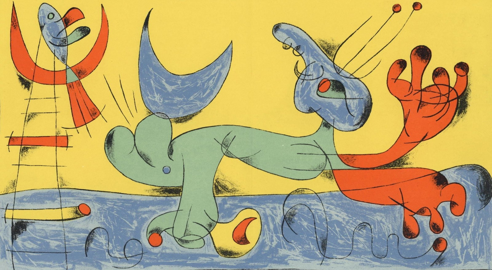 Joan Miro, Composition (Cramer 39), Joan Miro, Limited Edition Lithograph: Lithograph on velin paper. Paper Size: 9 x 15 inches. Excellent condition, with centerfold, as issued. Inscription: Unsigned and unnumbered, as issued. Notes: From volume, Joan Miro by Jacques Prevert