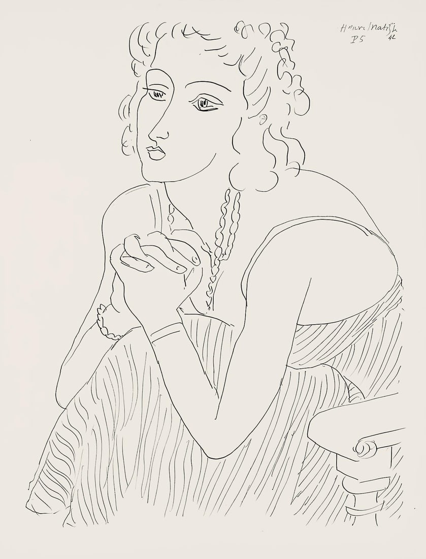 Henri Matisse, Serie P, var. 5 (Duthuit 9), Henri Matisse, Dessins, Themes et variations, Limited: Lithograph on velin pur fil paper. Paper Size: 12.875 x 9.625 inches. Excellent condition. Inscription: Signed in the plate and unnumbered, as issued. Notes: From the folio, Henri Matisse, Dessins, Th