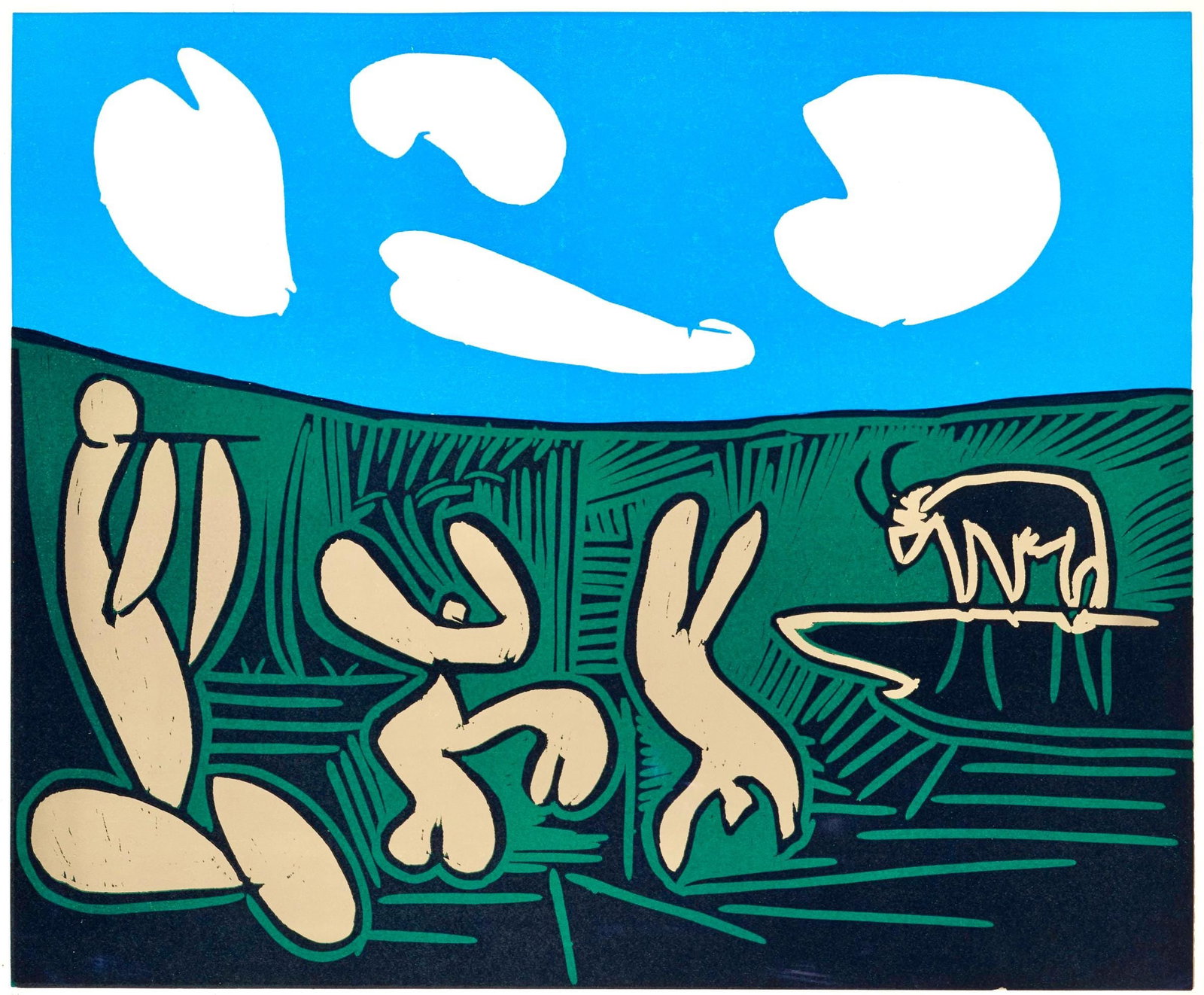 Pablo Picasso, Bacchanale a l'acrobate (Orozco 214), Grabados al linoleo, Limited Edition Linocut: Linocut on velin paper. Paper Size: 12.5 x 14.5 inches; image size: 10.5 x 13 inches. Inscription: Unsigned and unnumbered, as issued. Catalogue raisonne reference: Orozco, M. (2018). Picasso. 70 year