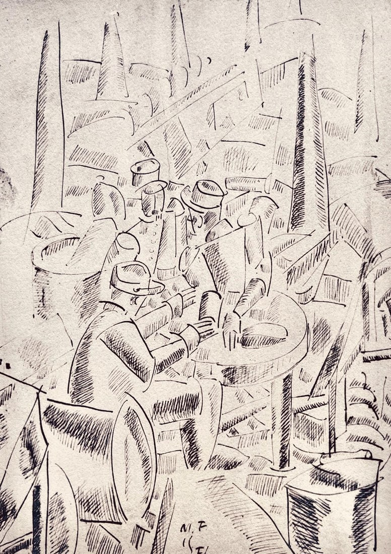 Fernand Leger, Soldats dans un abri, Dessins de Guerre 1915-16, Limited Edition Lithograph: Lithograph, stencil on velin paper. Paper Size: 10 x 7.75 inches. Inscription: Signed in the plate and unnumbered, as issued. Condition: Very good/excellent, consistent with age. Notes: From the folio