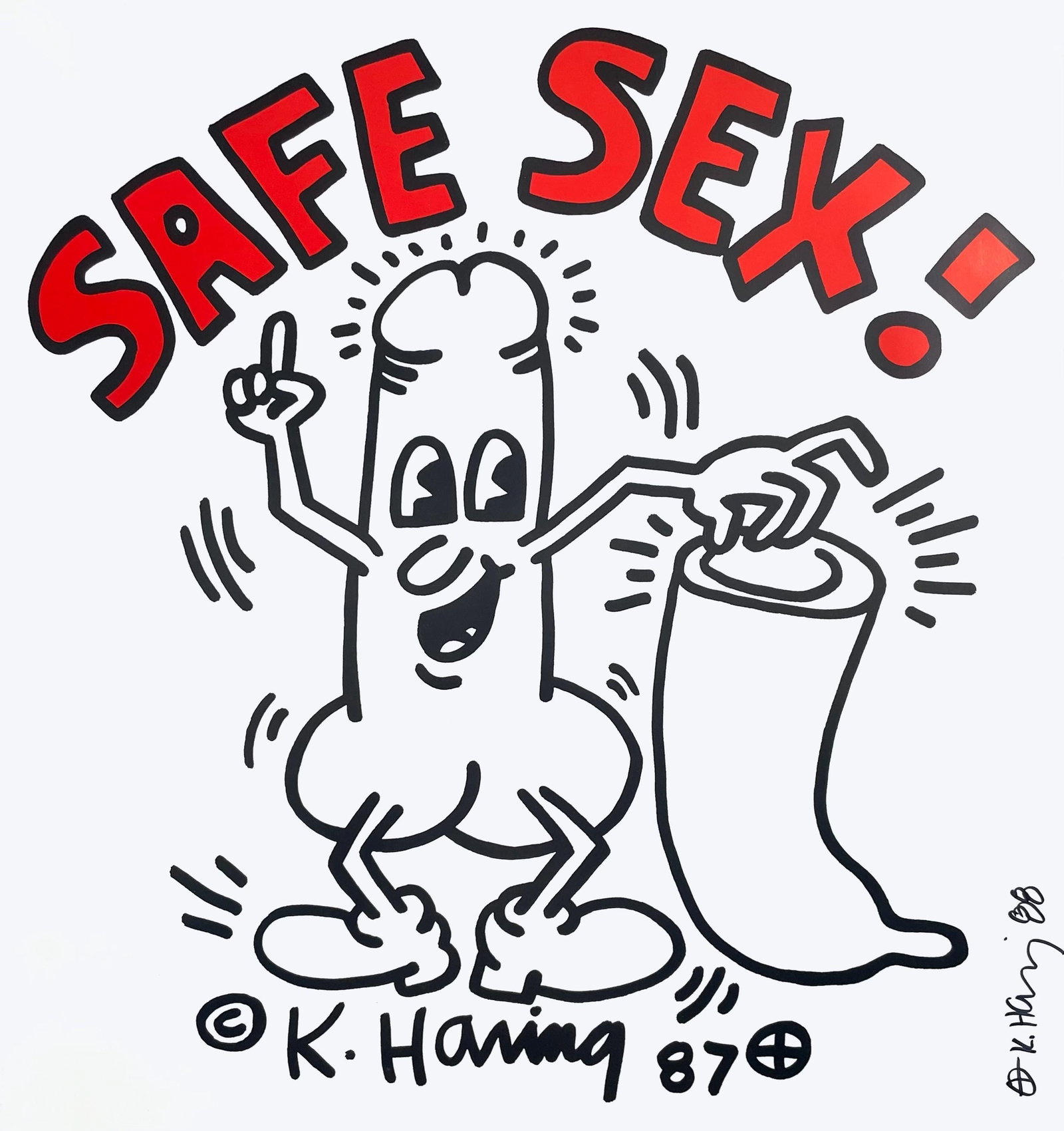 Keith Haring, Safe Sex! (Doring & Osten 60), Hand Signed, Original Edition Offset Lithograph: Offset lithograph on archival gloss paper, archivally mounted on rice paper. Paper Size: 29.52 x 27.36 inches. Inscription: Hand signed and dated in felt-marker, signed and dated in the plate, as issu
