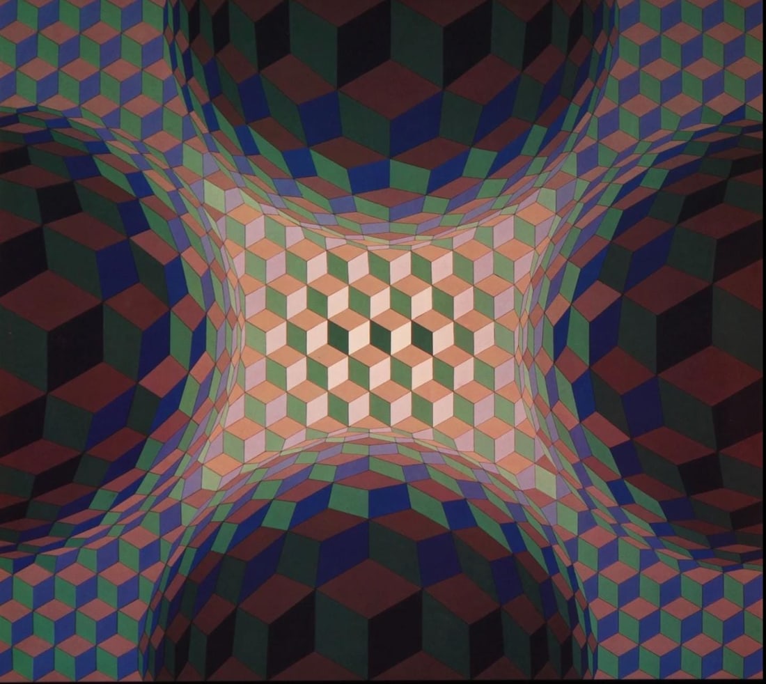 Victor Vasarely, Composition, Hexagone, Limited Edition Heliogravure: Heliogravure on 280 gm M2 gloss paper. Paper Size: 11 x 11 inches. Excellent condition. Notes: From the folio, Hexagone, 1973. Published and printed by Editions du Griffon, Neuchatel, Switzerland, 197