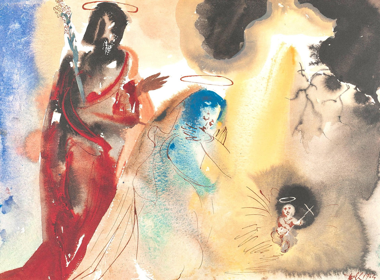 Salvador Dali, Composition (Michler/Lopsinger 1600; Field 69-3), Biblia Sacra, Limited Edition: Lithograph in colors on velin Fabriano charta ex meris pannis "ab alveo" manu fabricata, perlucidis figuris intexta paper. Paper size: 13.75 x 19 inches. Inscription: Signed in the plate and