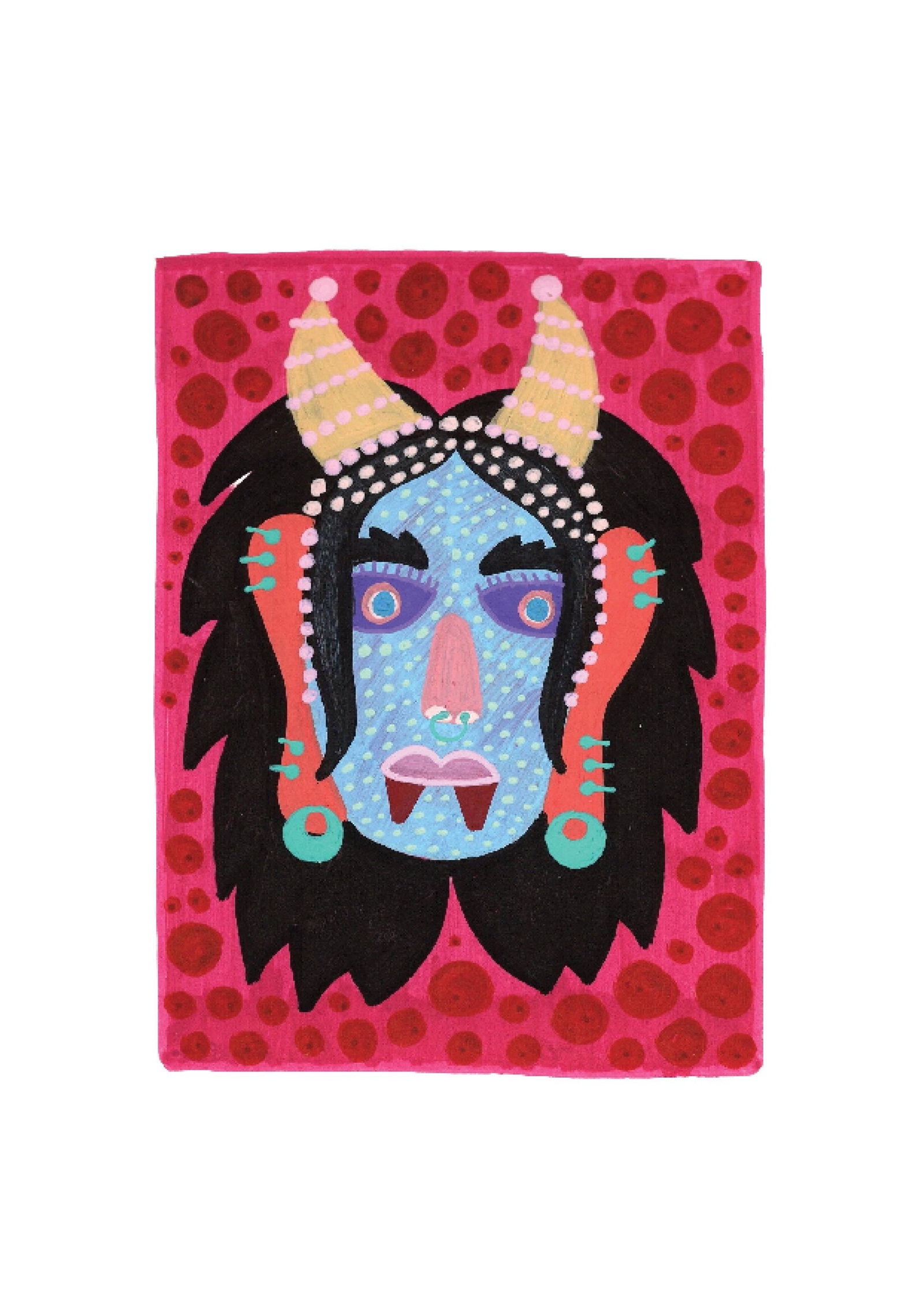 Evil Eye Mask 21: Inspired by the South Indian Drishti Bommai mask; a protective talisman traditionally represented as a doll; this artwork draws from a visual language widely seen across South India. These figures are