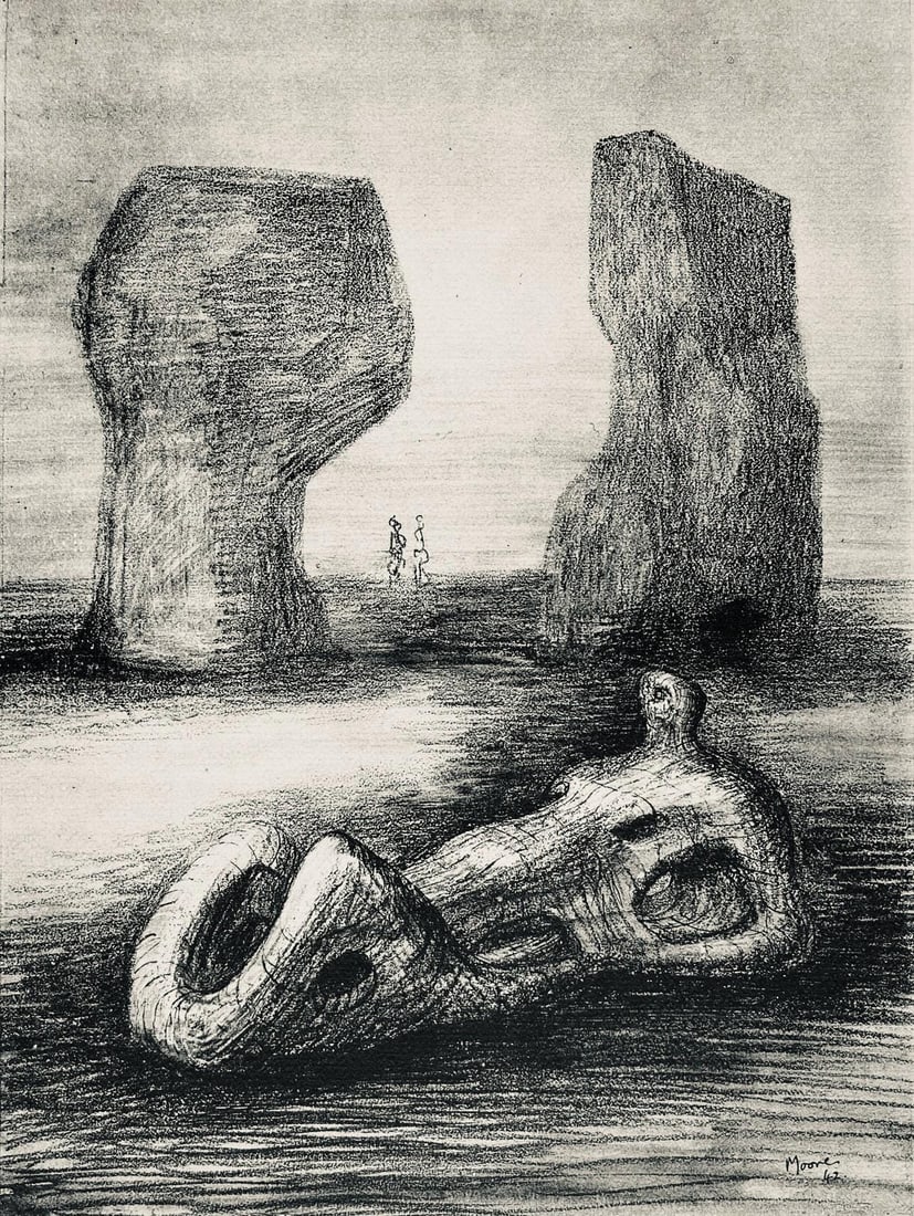 Henry Moore, Wood Sculpture in Setting of Rocks, The Drawings of Henry Moore, Limited Edition: Lithograph on velin paper. Paper size: 13.5 x 12.5 inches. Excellent condition. Unsigned and unnumbered, as issued. Notes: From the folio, The Drawings of Henry Moore, 1946. Published by Curt Valentin