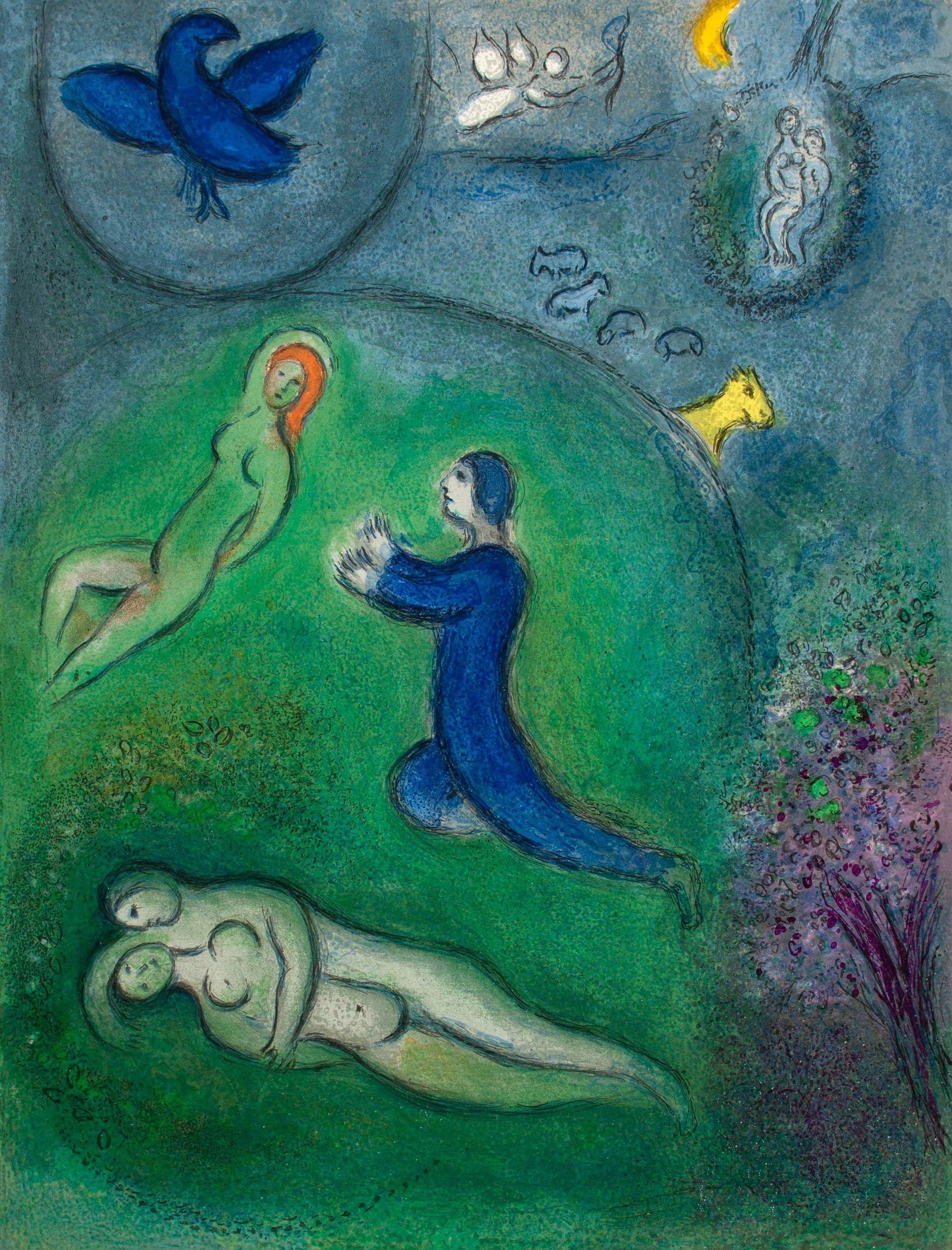 Marc Chagall, Daphnis et Lycenion, Daphnis et Chloe, Limited Edition Heliogravure: Heliogravure on velin paper. Paper Size: 12.5 x 9.5 inches. Inscription: Unsigned and unnumbered, as issued. Condition: Very good/excellent, consistent with age. Notes: From the album, Daphnis and Chl