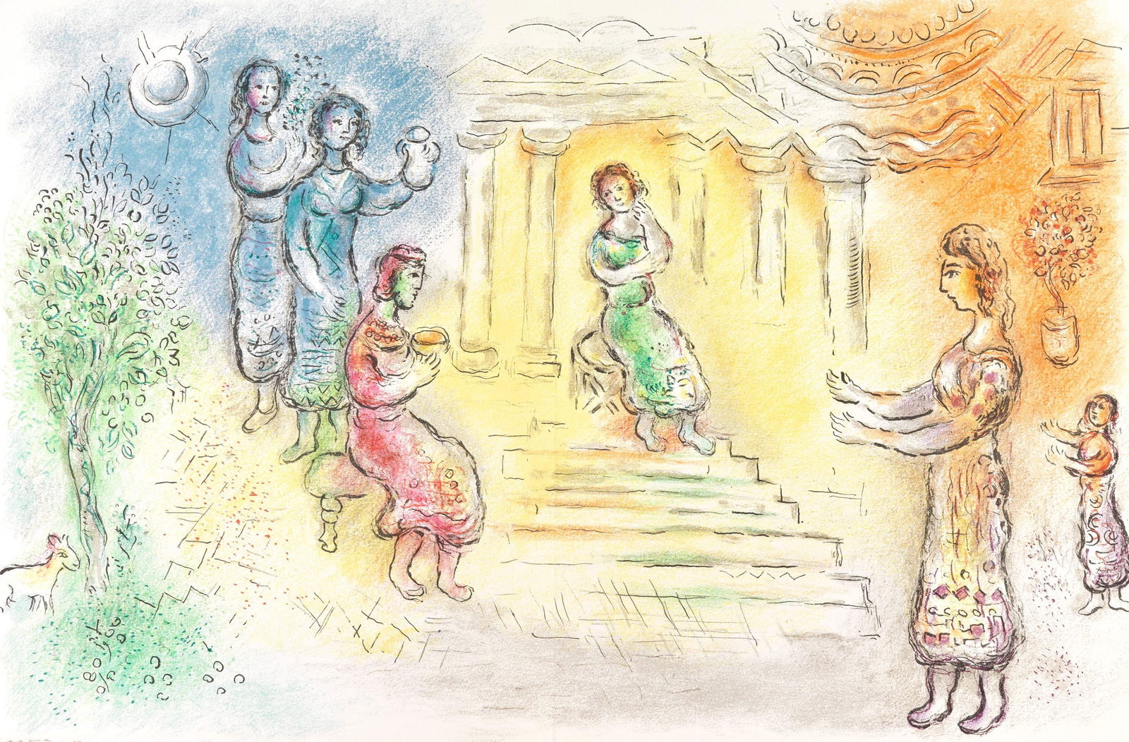 Marc Chagall, Odysseus bei Alkinoos, Homer, Die Odyssee, Limited Edition Lithograph: Lithograph on 250 g/m2 Butten Papierwerke Miliani AG, Fabriano paper. Paper Size: 14.88 x 23.38 inches, with centerfold, as issued. Inscription: Unsigned and unnumbered, as issued. Condition: Very goo