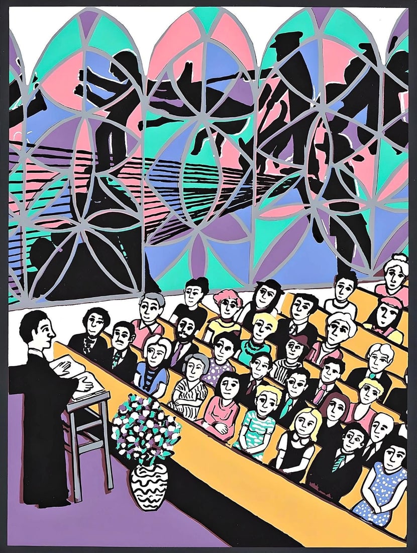 Faith Ringgold, Police Brutality Viewed Thru Stained Glass, Letter from Birmingham City Jail,: Silkscreen on velin d'Arches paper. Paper Size: 17.75 x 13.75 inches. Excellent condition. Inscription: Unsigned and unnumbered, as issued. Notes: From the folio, Letter from Birmingham City Jail, 200