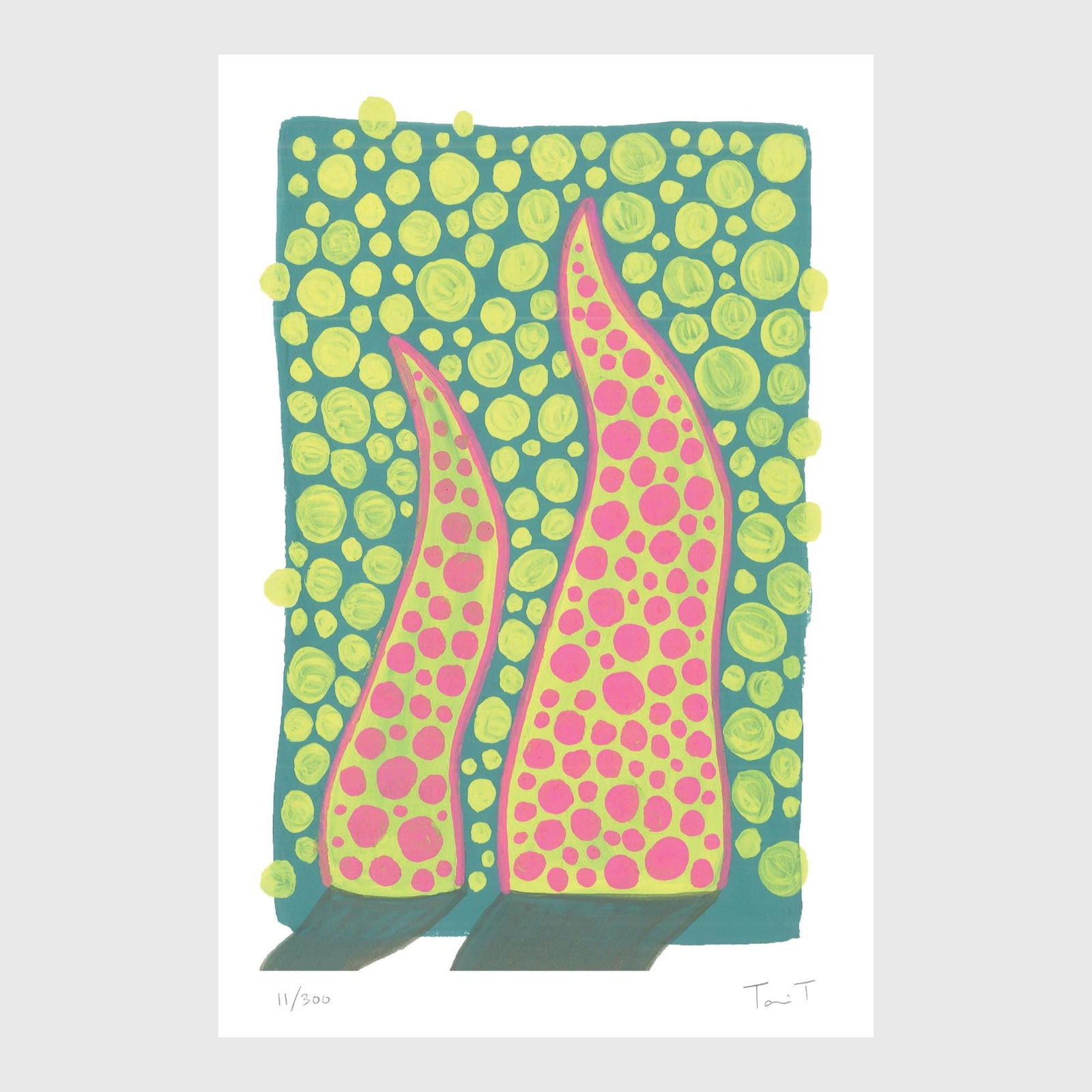 Yellow Drops with Pink Dots: Artist: Tanvi Thakur (1996) Title: Yellow Drops with Pink Dots, Drops With Dots Series Year: 2025 Medium: Archival Pigment Print on Paper Edition: 300 Size: 8 x 12 inches Inscription: Signed and numbe