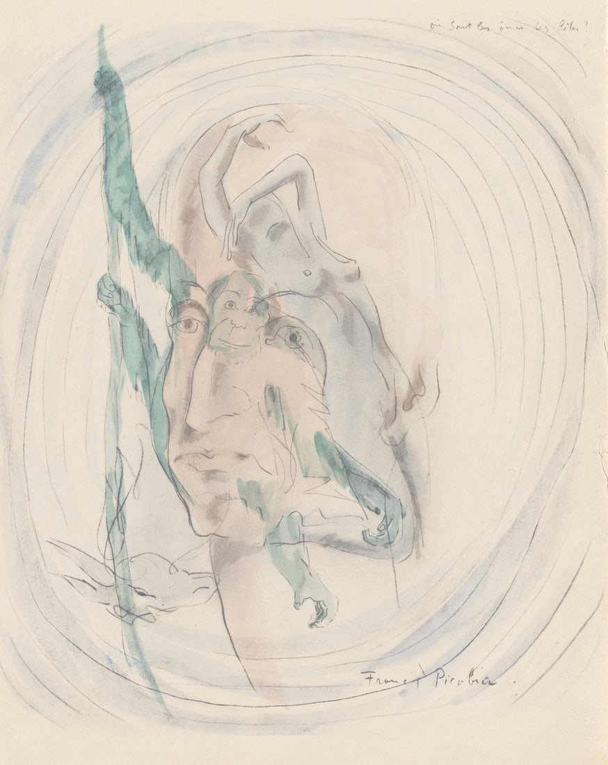Francis Picabia, Composition, Le Peseur d'ames (The Weigher of Souls), Limited Edition Lithograph: Lithograph and stencil on velin d'Arches paper. Inscription: Unsigned and unnumbered, as issued. Paper Size: 10.3125 x 8.75 inches. Excellent condition. Notes: From the volume, Le Peseur d'ames,