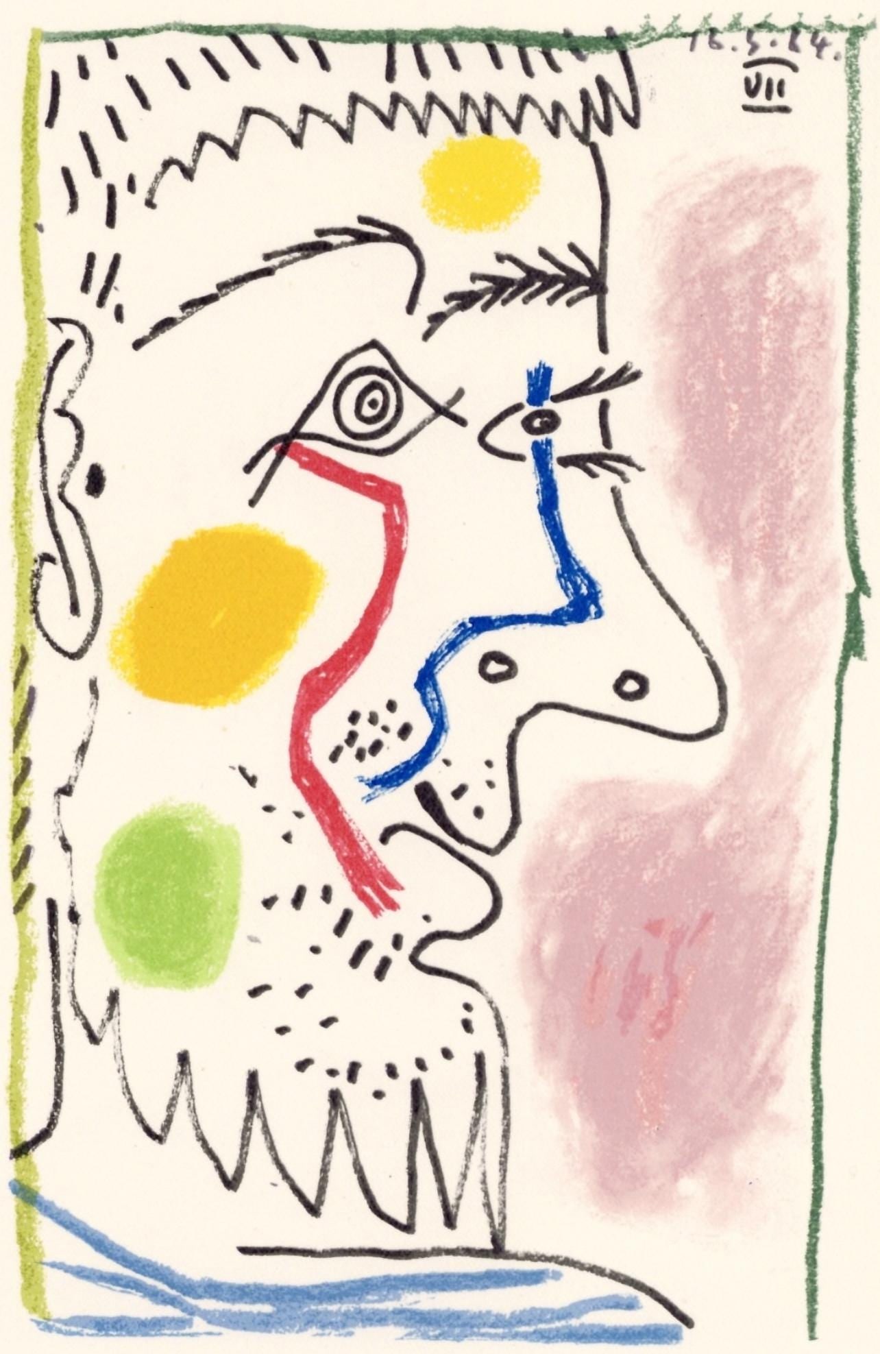 Pablo Picasso, 16.5.64. VII (Cramer 148), Le Gout du Bonheur, Limited Edition Mixed Media Lithograph: Lithograph and silkscreen with grease crayon, lithographic tusche, lead pencil, charcoal on velin d'Arches paper. Paper size: 12.8 x 9.84 inches. Inscription: Unsigned and unnumbered, as issued.