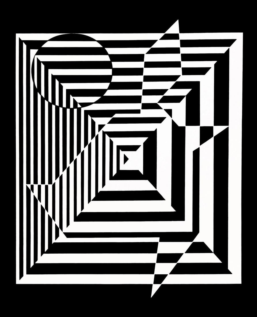 Victor Vasarely, Composition, Lineaires, Limited Edition Heliogravure: Silkscreen on 280 gm M2 gloss paper. Paper Size: 11.61 x 9.25 inches. Excellent condition. Notes: From the folio, Lineaires, 1973. Published and printed by Editions du Griffon, Neuchatel, Switzerland,