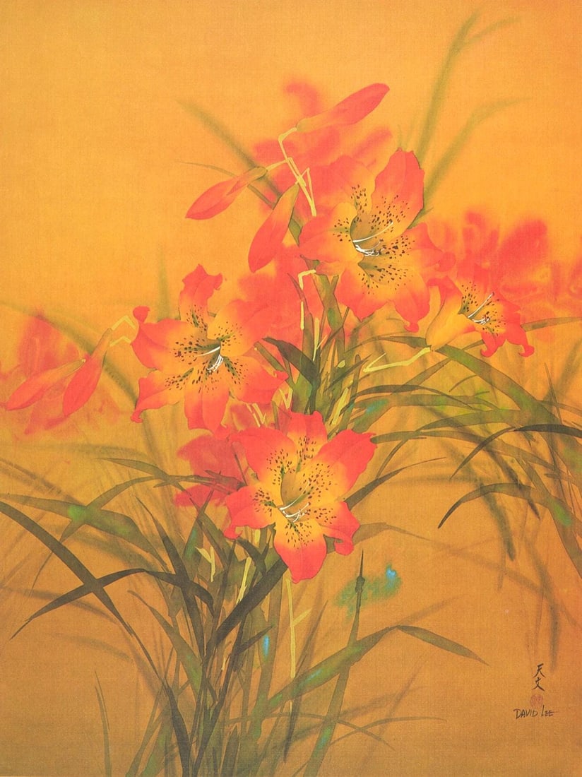 David Lee, Tiger Lillies, Original Edition Offset Lithograph: Offset lithograph on archival paper. Paper size: 27 x 21 inches. Excellent condition. Inscription: Signed in the plate and unnumbered, as issued. Notes: From Published and printed by Touchstone Publis