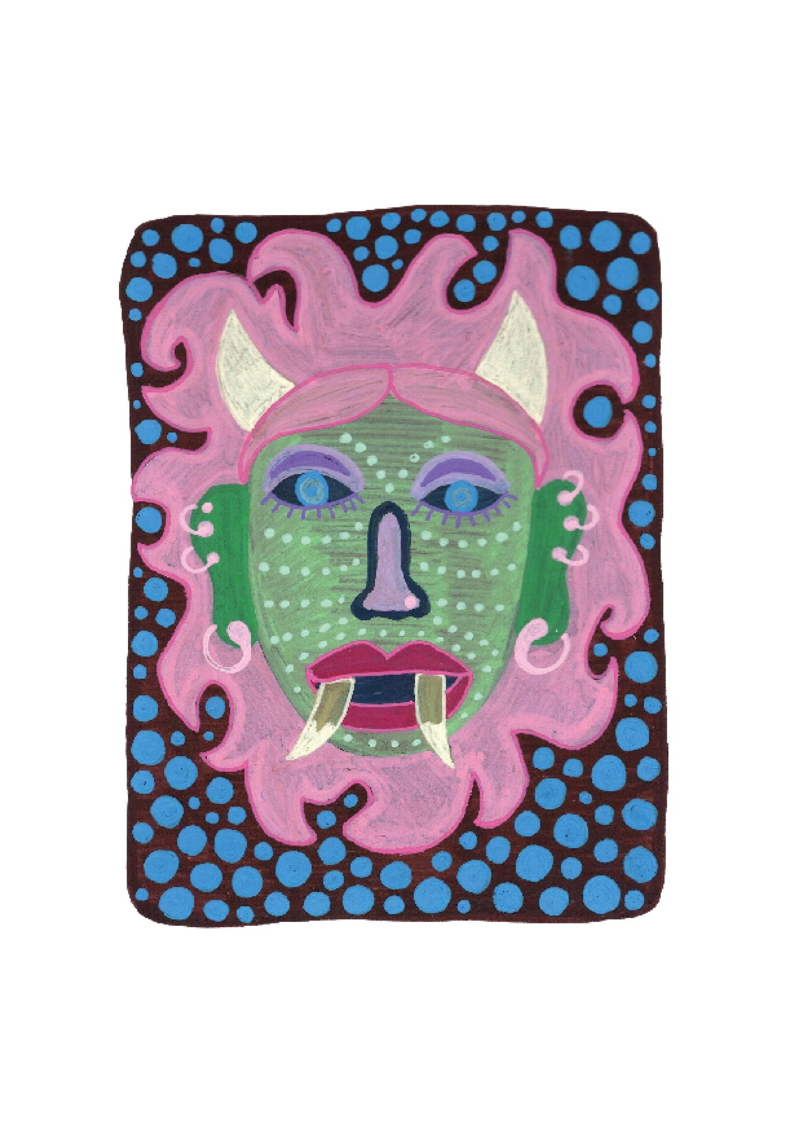 Evil Eye Mask 1: Inspired by the South Indian Drishti Bommai mask; a protective talisman traditionally represented as a doll; this artwork draws from a visual language widely seen across South India. These figures are