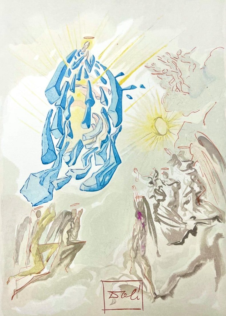 Salvador Dali, Paradies XXVI (Michler/Lopsinger 1039-1138; Field 189-200), Die Gottliche Komodie,: Woodcut in colors on velin de Rives BFK paper, mounted on velin d'Arches support, as issued. Paper size: 13 x 10.375 inches. Inscription: Signed in the block, and unnumbered, as issued. Catalogue rais