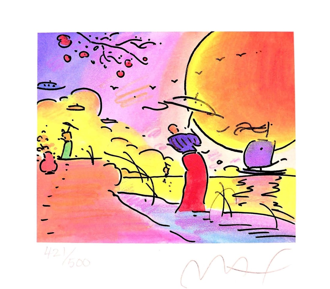 Peter Max, Two Sages, Hand Signed, Official Limited Edition Lithograph: Lithograph in colors on Lustro Saxony paper. Paper size: 7.37 x 8.25 inches. Inscription: Hand signed by Peter Max and numbered, as issued. Condition: Excellent. Notes: Published and printed by Via Ma