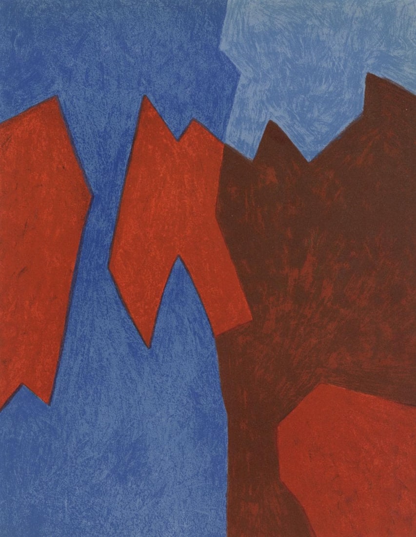 Serge Poliakoff, Composition rouge/bleu (Poliakoff/Schneider 68), XXe siecle, Limited Edition: Lithograph on velin paper. Paper Size: 12.5 x 9.75 inches. Excellent condition. Inscription: Unsigned and unnumbered, as issued. Notes: From the volume, XXe Siecle, n deg31, 1968. Published and printe
