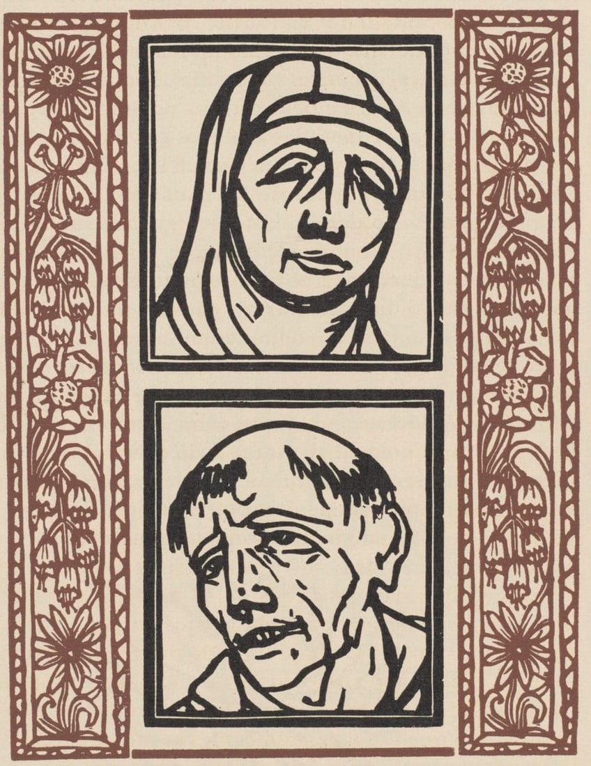 Emile Bernard, Composition (Morane, No. 100), Les Petites Fleurs de St. Francoise, Limited Edition: Wood engraving on verge d'Arches paper. Paper size: 12.8125 x 9.8125 inches. Excellent condition. Unsigned and unnumbered, as issued. Notes: From the volume, Les Petites Fleurs de St. Francois, 1928.