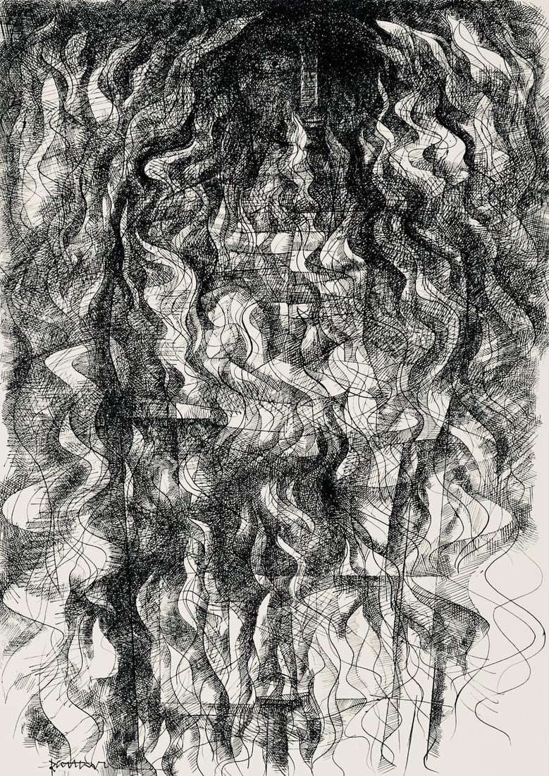 Abraham Rattner, Figure in flames, Limited Edition Lithograph: Lithograph on velin paper. Paper Size: 17.5 x 13.5 inches. Excellent condition. Inscription: Unsigned and unnumbered, as issued. Notes: From the folio, Abraham Rattner: Twenty-four plates 1956. Publis