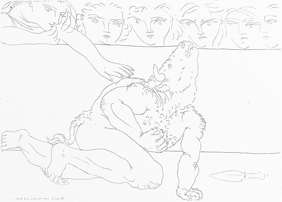 Pablo Picasso, Minotaure Mourant, Suite Vollard, Fac-simile Signed, Limited Edition Lithograph: Lithograph on velin blanc narcisse, verge canton, 200 g/m2 Richard de Bas paper. Paper size: 12.75 x 18 inches. Inscription: Fac-simile signed and hand numbered, as issued. Condition: Excellent.