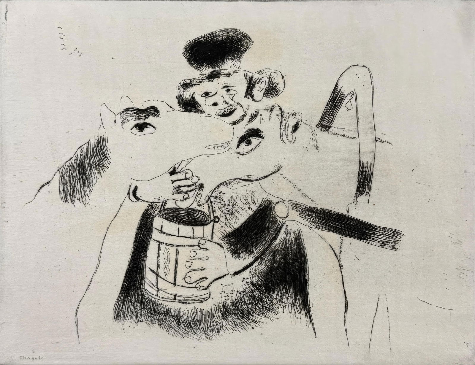 Marc Chagall, The Appearance of the Policemen, from Dead Souls, Limited Edition Etching, 1923-1927: This exquisite etching by Marc Chagall (1887-1985), titled Le cocher donne a manger aux chevaux (The Coachman Feeds the Horses), originates from the celebrated folio Nicolas Gogol, Les Ames mortes, Ea