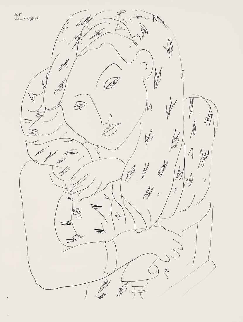 Henri Matisse, Serie K, var. 5 (Duthuit 9), Henri Matisse, Dessins, Themes et variations, Limited: Lithograph on velin pur fil paper. Paper Size: 12.875 x 9.625 inches. Excellent condition. Inscription: Signed in the plate and unnumbered, as issued. Notes: From the folio, Henri Matisse, Dessins, Th