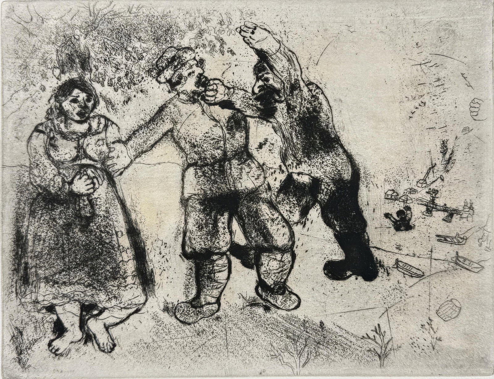 Marc Chagall, Grigori Go On and You Will Never Arrive, from Dead Souls, Limited Edition Etching,: This exquisite etching by Marc Chagall (1887-1985), titled Grigori va-toujours-et-tu-n-arriveras-pas (Grigori Go On and You Will Never Arrive), originates from the celebrated folio Nicolas Gogol, Les