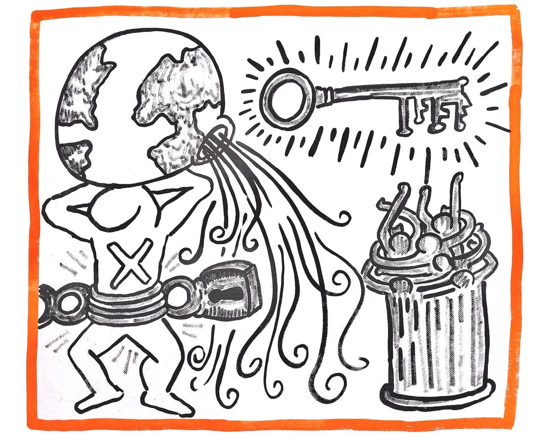 Keith Haring, Composition, Against All Odds, Limited Edition Lithograph: Lithograph on acid-free Rivoli paper. Paper Size: 8.5 x 10.3 inches. Inscription: Unsigned and unnumbered, as issued. Condition: Very good/excellent, consistent with age. Notes: From the album, Agains