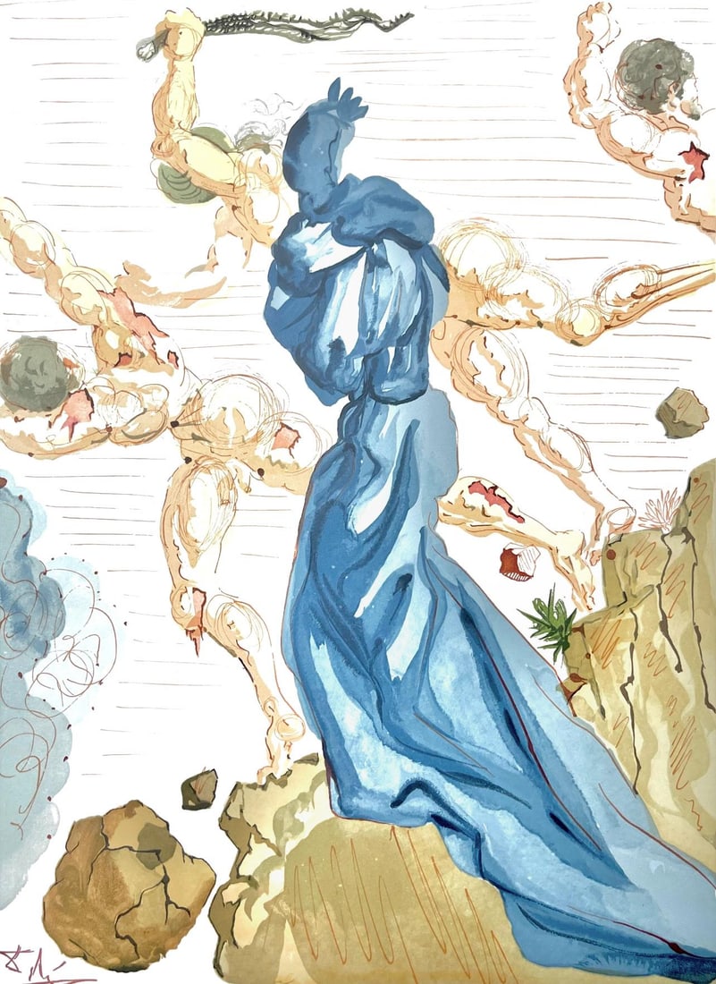 Salvador Dali, Holle XV (Michler/Lopsinger 1039-1138; Field 189-200), Die Gottliche Komodie, Signed,: Woodcut in colors on velin de Rives BFK paper, mounted on velin d'Arches support, as issued. Paper size: 13 x 10.375 inches. Inscription: Signed in the block, and unnumbered, as issued. Catalogue rais