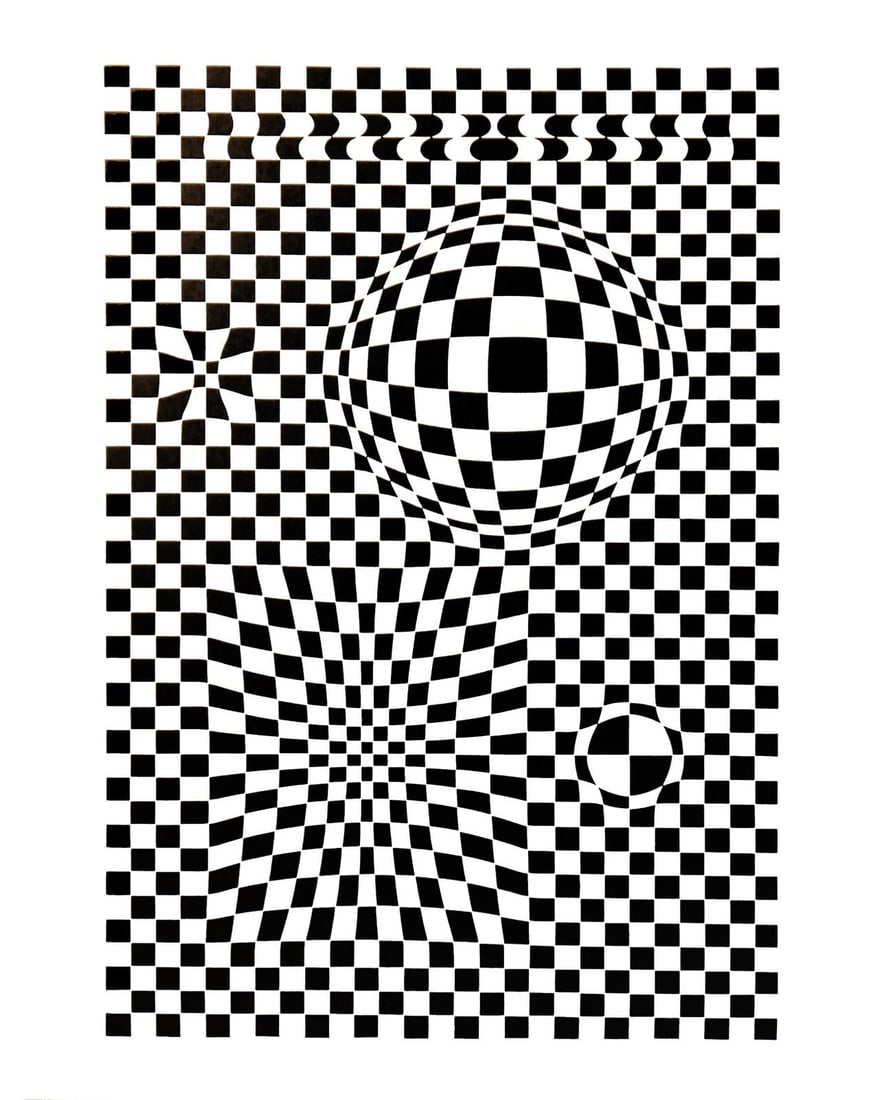 Victor Vasarely, Composition, Corpusculaires, Limited Edition Heliogravure: Heliogravure on 280 gm M2 gloss paper. Paper Size: 11.61 x 9.25 inches. Excellent condition. Notes: From the folio, Corpusculaires, 1973. Published and printed by Editions du Griffon, Neuchatel,