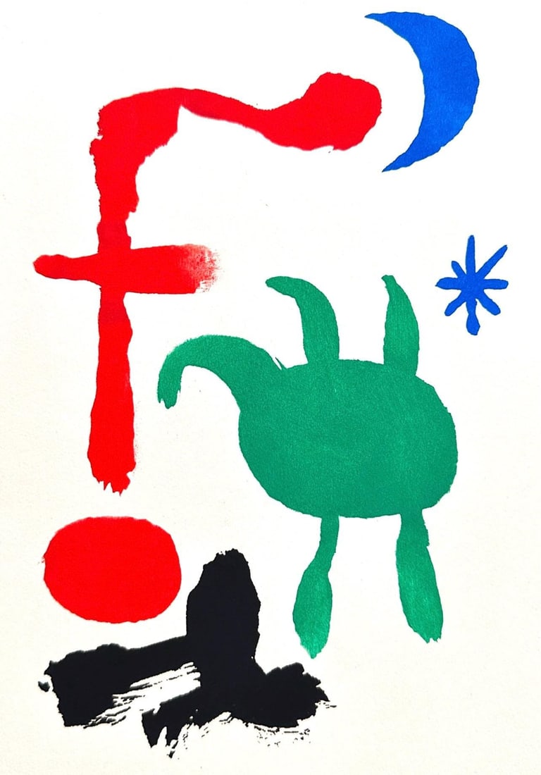 Joan Miro, Femme et Oiseaux dans la Nuit, The Prints of Joan Miro, Limited Edition Lithograph: Lithograph and stencil on velin paper. Inscription: Unsigned and unnumbered, as issued. Paper Size: 11 x 8.5 inches. Excellent condition. Notes: From the folio, The Prints of Joan Miro, Fall, 1947. Pu