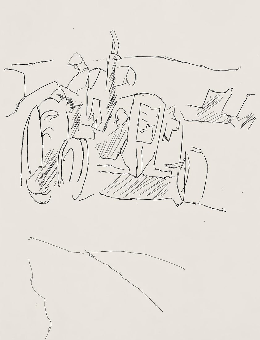 Jacques Villon, Composition (Ginestet/Pouillon 42-64), Hesiode, Les Travaux et les Jours, Limited: Etching on velin de Rives paper. Paper size: 15.75 x 12 inches. Excellent condition. Unsigned and unnumbered, as issued. Notes: From the folio, Hesiode, Les Travaux et les jours. Eaux-fortes de Jacque