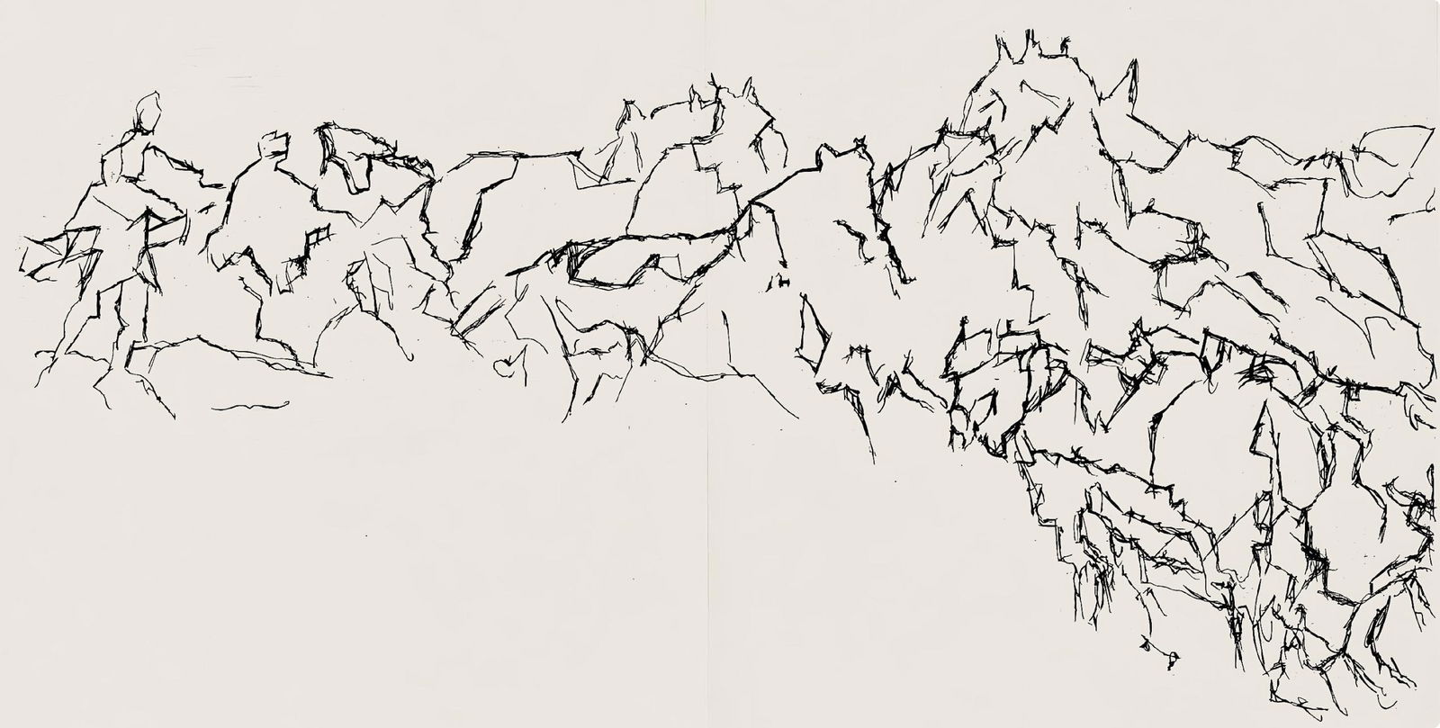 Jacques Villon, Composition (Ginestet/Pouillon 42-64), Hesiode, Les Travaux et les Jours, Limited: Etching on velin de Rives paper. Paper size: 15.75 x 24 inches. Excellent condition, with centerfold, as issued. Unsigned and unnumbered, as issued. Notes: From the folio, Hesiode, Les Travaux et les