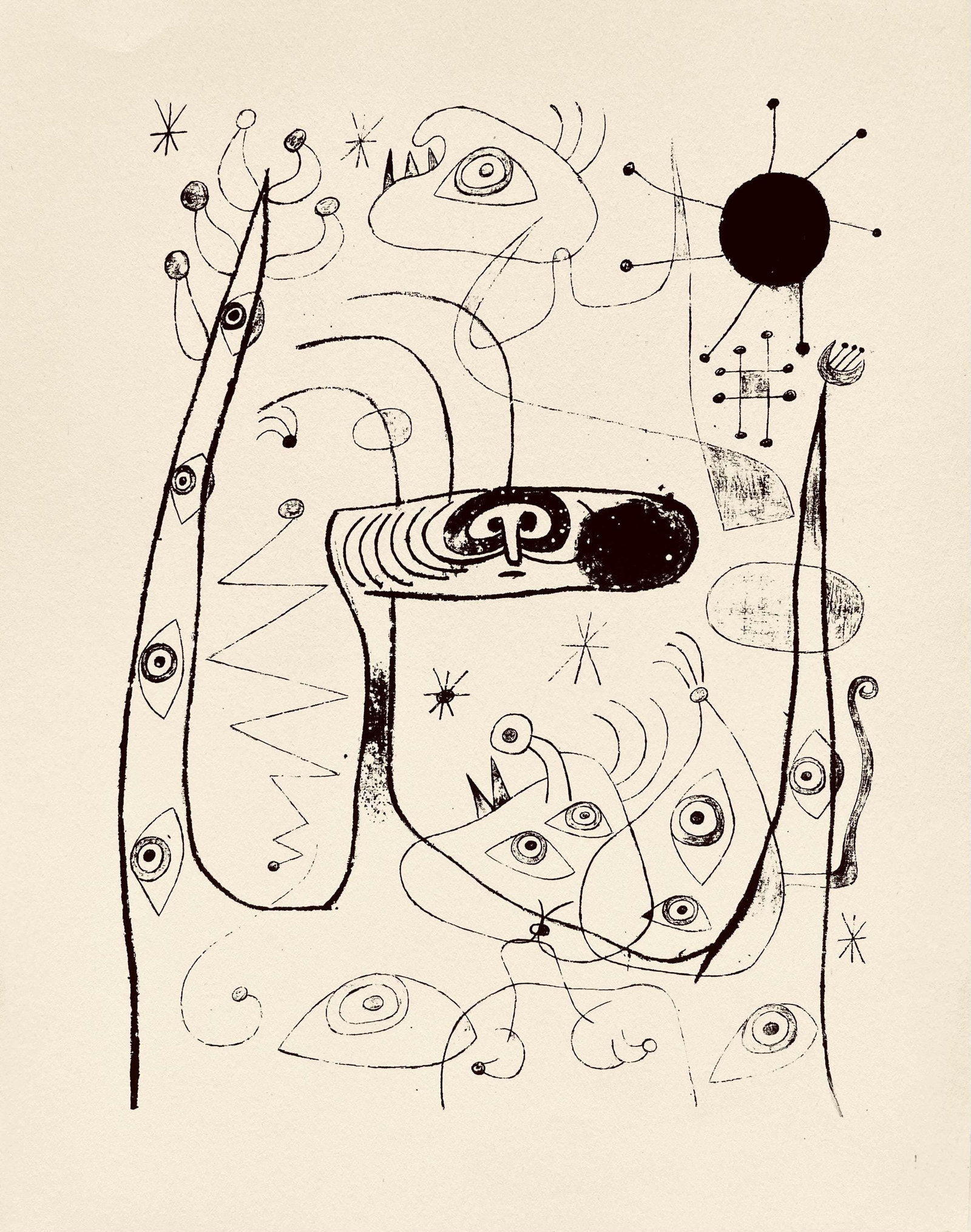 Joan Miro, Composition, The Prints of Joan Miro, Limited Edition Etching: Etching on velin paper. Inscription: Unsigned and unnumbered, as issued. Paper Size: 11 x 8.5 inches. Excellent condition. Notes: From the folio, The Prints of Joan Miro, Fall, 1947. Published by Curt