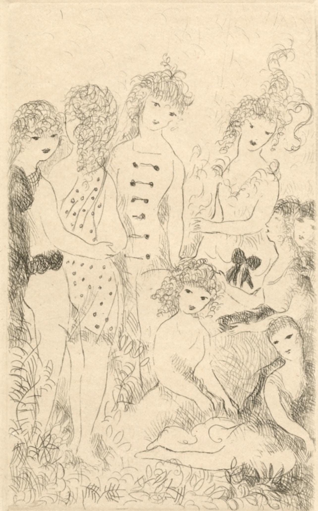 Marie Laurencin, La Ronde, Dix filles dans un pre, Limited Edition Etching: Etching on velin d'Annonay, des freres Montgolfier paper. Signed in the plate and unnumbered, as issued. Paper size: 7.5 x 5.5 inches. Excellent condition. Notes: From the volume, Dix filles dans un p