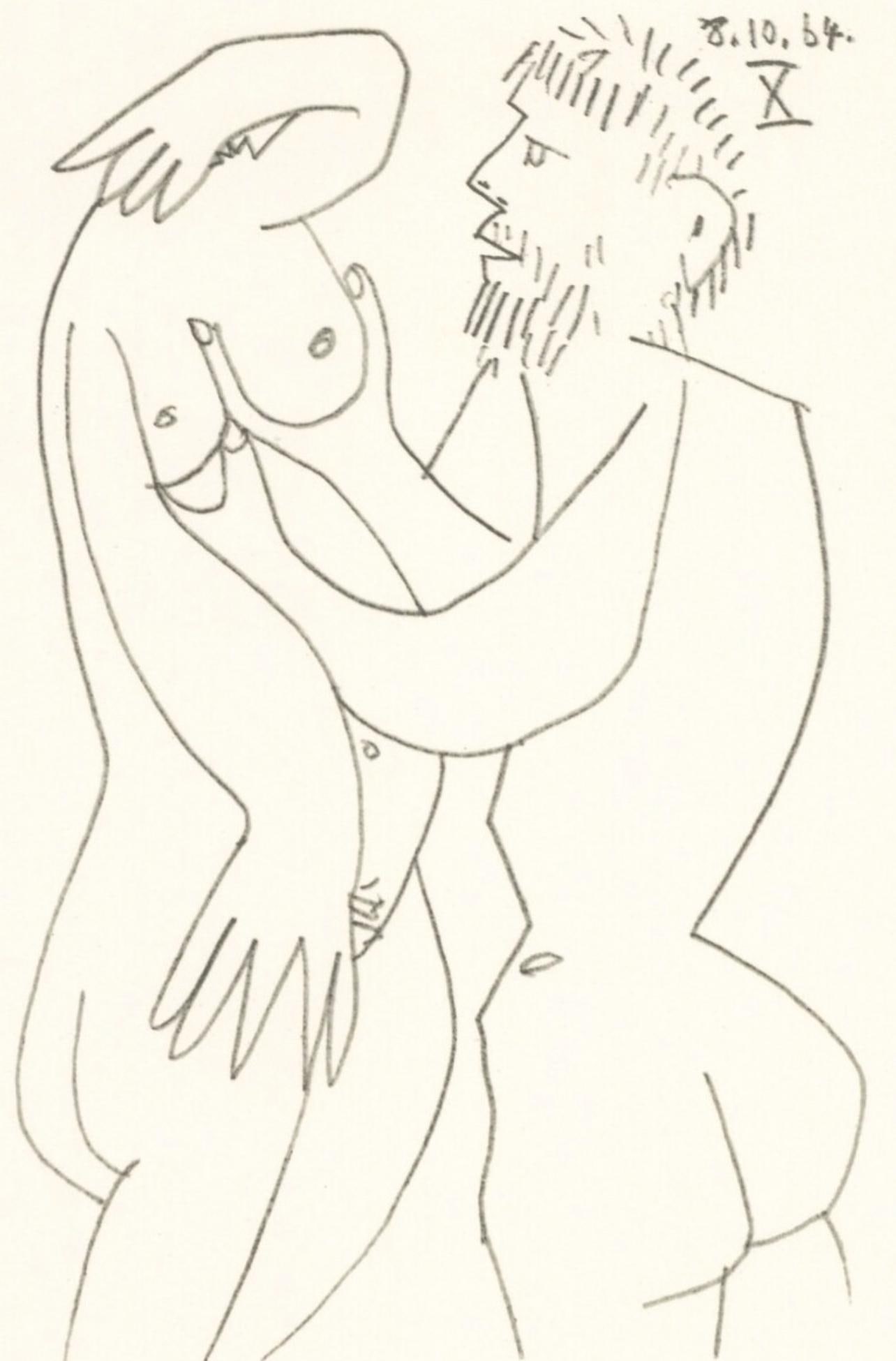 Pablo Picasso, 8.10.64. X (Cramer 148), Le Gout du Bonheur, Limited Edition Mixed Media Lithograph: Lithograph and silkscreen with grease crayon, lithographic tusche, lead pencil, charcoal on velin d'Arches paper. Paper size: 12.8 x 9.84 inches. Inscription: Unsigned and unnumbered, as issued. Catal