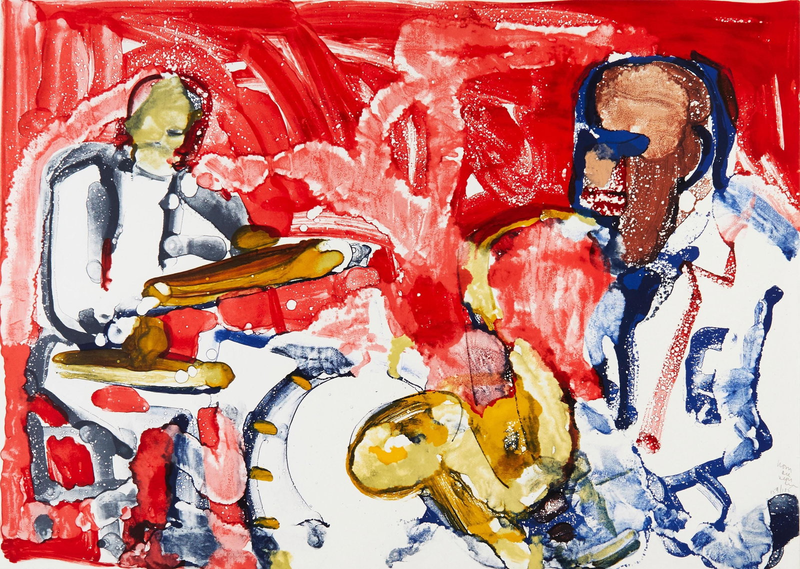 Romare Bearden, Out Corus (rhythm section) (Gelburd/Rosenberg 70-77), Jazz Series, Limited Edition: Lithograph on velin d'Arches paper, 1979. Paper Size: 23.75 x 35.5 inches. Excellent condition. Inscription: hand signed and numbered, as issued. Notes: From the Jazz Series. Published by London Arts