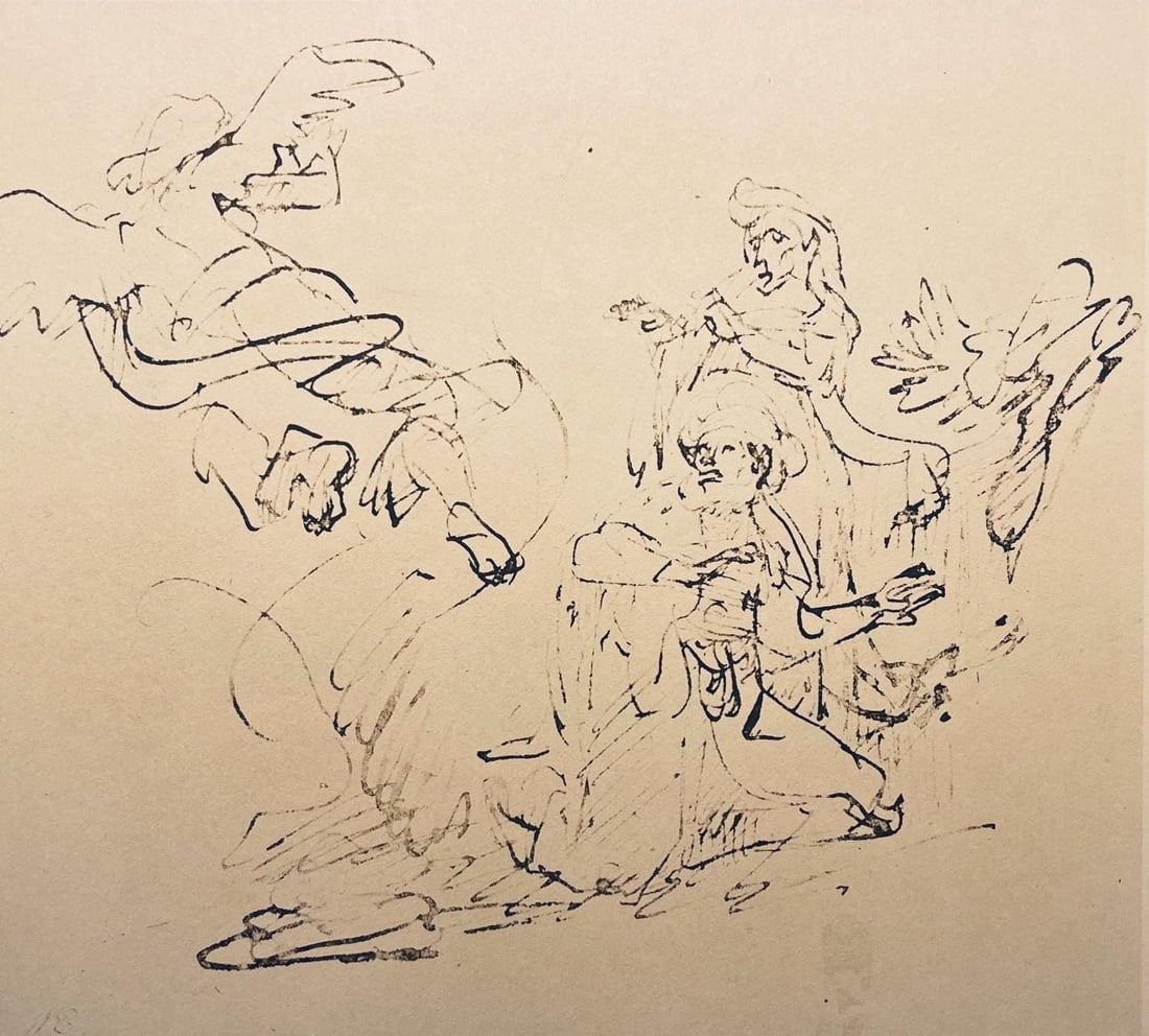 Rembrandt van Rijn, The Sacrifice of Manoah, Limited Edition Collotype: Collotype on Hamilton Kilmory paper. Unsigned and unnumbered, as issued. Paper Size: 9.5 x 12.5 inches. Excellent condition. Notes: From the folio, Rembrandt, Drawings from the Bible, Thirty-two