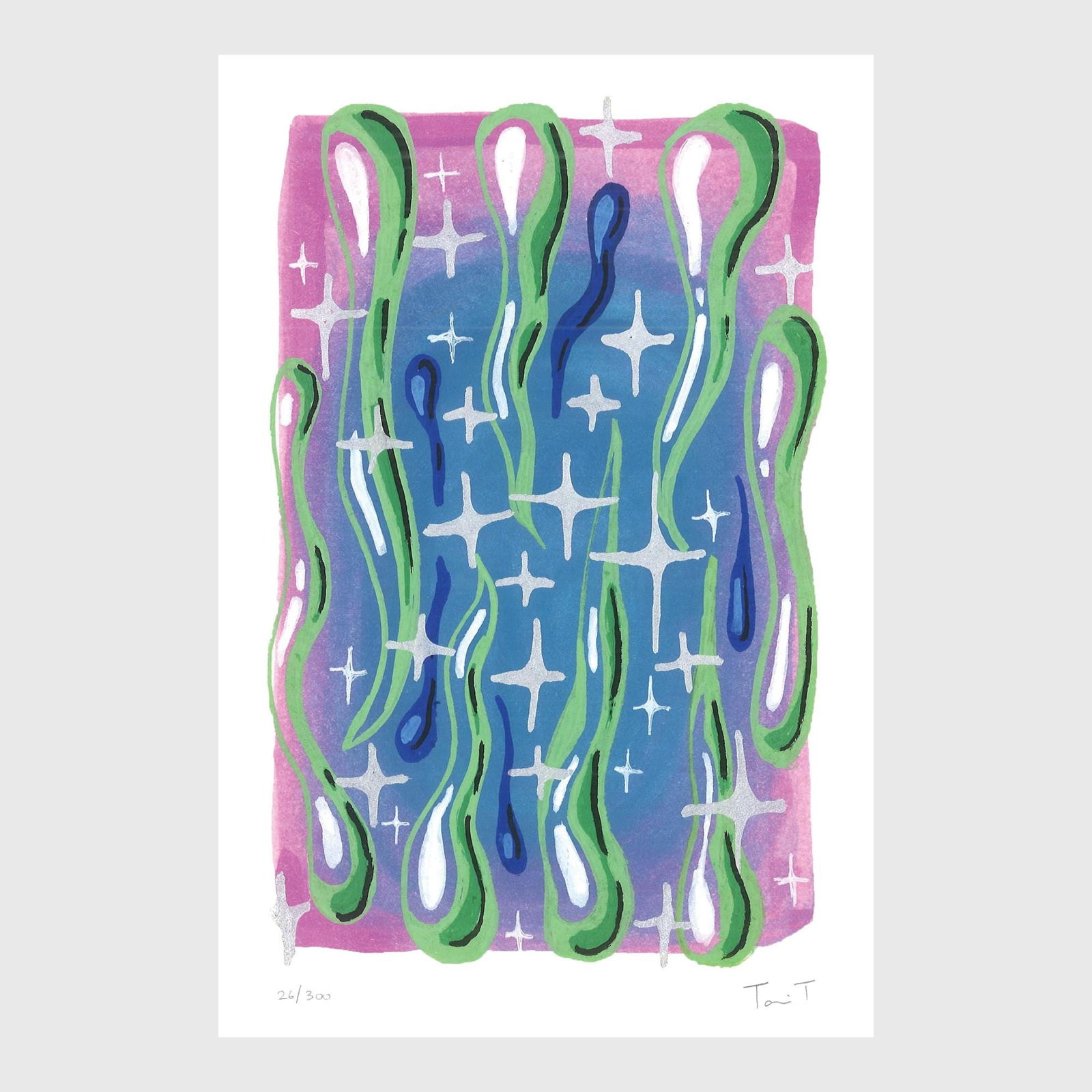 Green shapes with stars: Artist: Tanvi Thakur (1996) Title: Green Shapes with Stars, Drops With Dots Series Year: 2025 Medium: Archival Pigment Print on Paper Edition: 300 Size: 8 x 12 inches Inscription: Signed and numbered